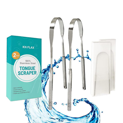 [2 pack] KN FLAX Tongue Scraper [Medical Grade] Reduce Bad Breath Maintains Oral Care 100% BPA Free Metal Tongue Scraper, Tongue Cleaner for Adults and Kids, Easy to Use with Non-Synthetic Handle