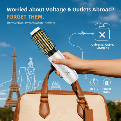 Cordless Curling Iron Brush, 1.5 Inch Mini Travel Hair Curler with 200 Million Negative Ions, Portable Heated Round Straightener Brush Rechargeable for Curl, Touch-Up, De-Frizz, Styling, White