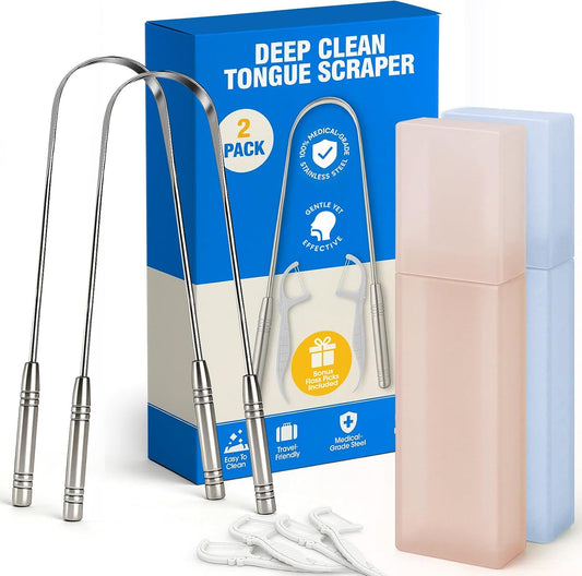 Stainless Tongue Scraper Set for Adults： Easy To Use For Oral Care and Hygiene – Pack Of 2 Stainless Steel Tongue Cleaners, 2 Travel Cases, 4 Floss Picks – Cleaning for Tongue Care & Fresh Breath