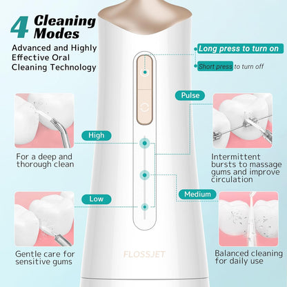 Water Dental Flosser Cordless Oral Irrigator with 300ml 5 Tips 4 Modes USBCharger Portable Travle Irrigation Cleaner IPX7 Electric Irrigador Dental for Teeth Cleaning (White)