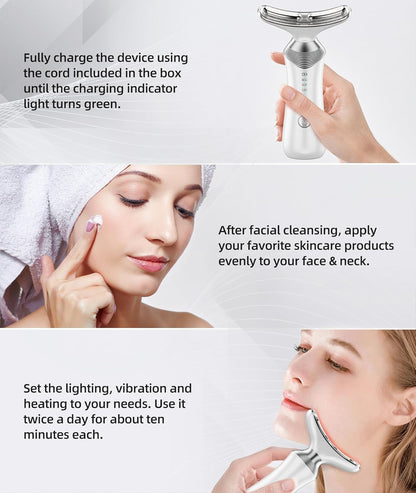 9-in-1 Red-Light-Therapy-for-Face-and-Neck, Portable Facial Massager Tool with Adjustable Vibration & Thermals for Wrinkles, Double Chin, White