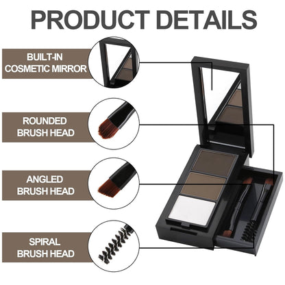 3 Colors Eyebrow Makeup Kit, Professional Brow Contour Palette, Waterproof Long-lasting Eyebrow Filler Powder with Mirror & Brow Brush