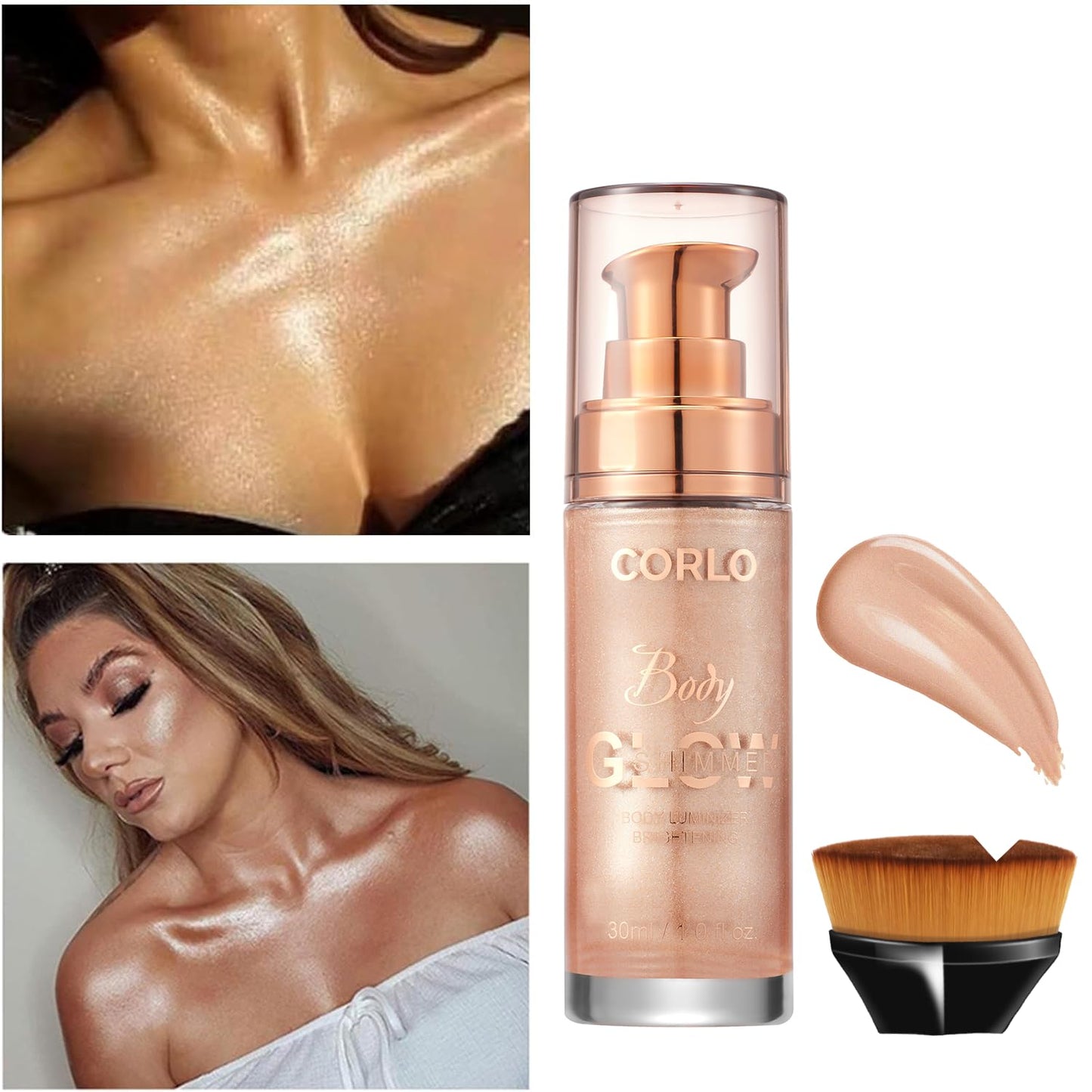 Corlo Body Shimmer Oil Liquid Glitter Face Luminizer Glow Highlighter Waterproof Long Lasting Moisturizing Luminizer FaceProm Party Makeup Brush Include(Rose Gold, Body Oil)
