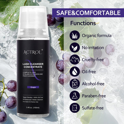 Eyelash Cleanser Concentrate 100ml Professional Lash Shampoo Foaming Cleanser Lash Wash Concentrate for Extensions Lashes with Salon Home Care-Makes 40 Bottles Grape