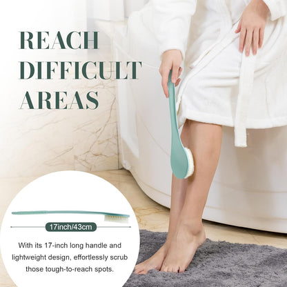 Back Scrubber for Shower, Shower Body Brush for Cleaning with Long Handle for Showering, 17 Inch Back Washer Exfoliator for Shower Men Women with Non-Slip Handle, Adhesive Hook (Pea Green)