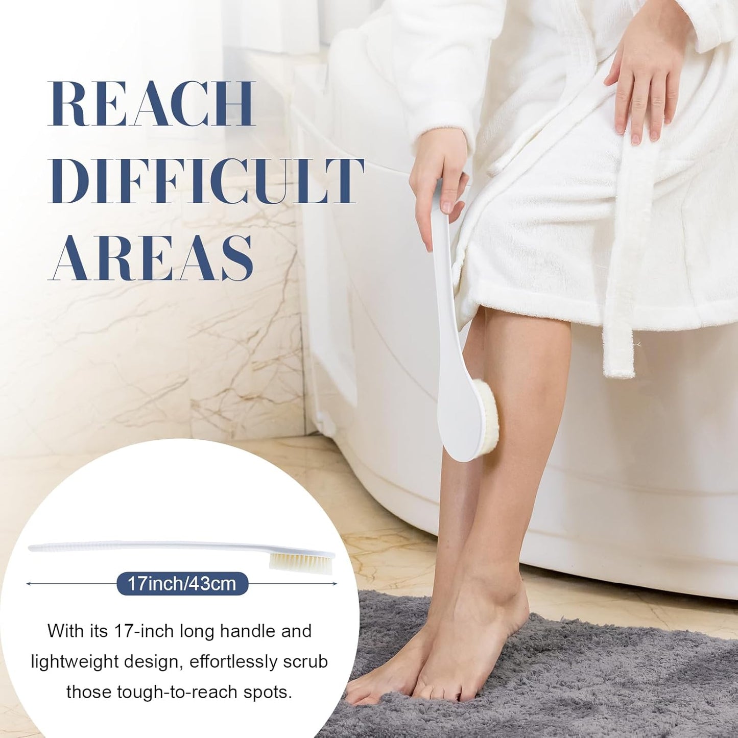 Back Scrubber for Shower, Shower Body Brush for Cleaning with Long Handle for Showering, 17 Inch Back Washer Exfoliator for Shower Men Women with Non-Slip Handle, Adhesive Hook (White)