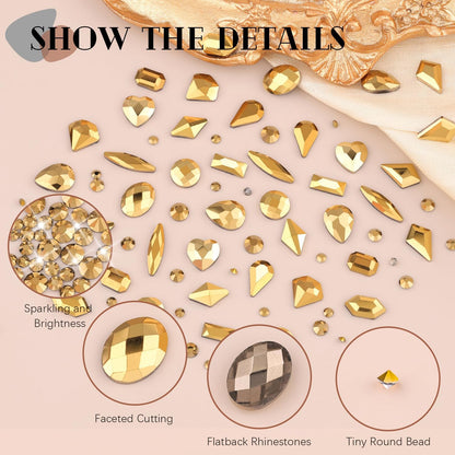 2060Pcs Mineral Gold Glass Nail Rhinestones 60Pcs Multi Shapes Flatback Nail Gems + 2000Pcs 1.5-4mm Round Crystal with Rhinestones Glue Gel, Manicure Nail Charms Diamond Gemstones for Nail Art