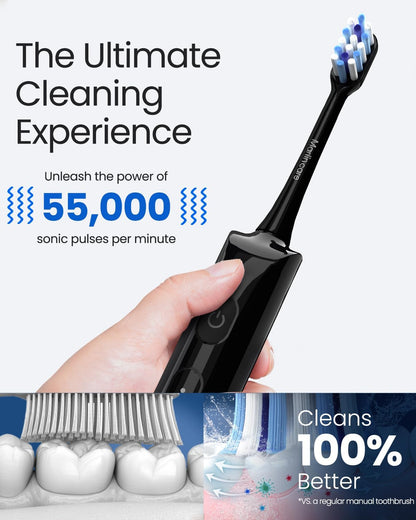 Electric Toothbrush for Adults, Rechargeable Sonic Travel Toothbrush Teens with 4 Brush Heads-180 Days Battery Life, 55000VPM, 5 Modes Smart Timer& Travel Case, Black