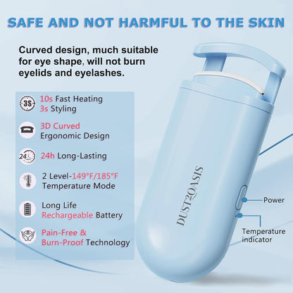 Heated Eyelash Curler - Wide Open Dual-Arc Design Heated Lash Curler - Electric Eyelash Curler - Type-C Rechargeable Mini Lash Curler Natural Curling 24H Long Lasting for Women - Blue