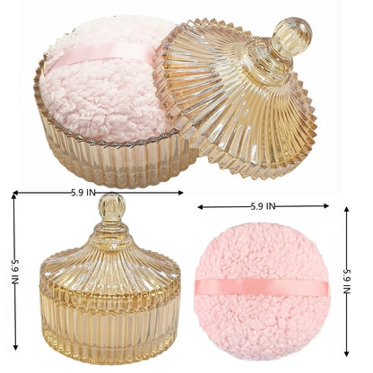 Extra Large Body Powder Puff and Container - Vintage Glass Dusting Powder Container with Soft Puff for Women & Girls (5.9x5.9x5.9 IN)-GRB010-Amber