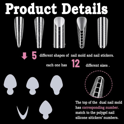 Allstarry 360pcs Nail Dual Forms, Silicone French Nail Forms for Poly Gel Nail Gel Extension Full Cover Acrylic Nail Tips 5 tpye nail form and Silicone Reusable Stickers for Nail Art Design