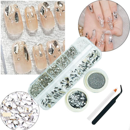 3 Boxes Silver Nail Rhinestones with Fine Glitters Kit, 60Pcs Big Assorted Silver Nail Gems with S6-S16 Flatback Round Stones,Crystals Nail Gem Stones for Faces Body DIY Crafts