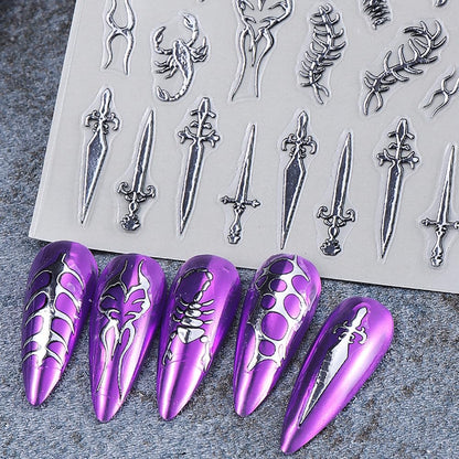 4 Sheets Goth Nail Stickers for Nail Art 3D Punk Style Black Belt Nail Art Stickers Gold Silver Flame Lines Nail Decals Self-Adhesive Centipede Thorn Vine Curves, Swords, Scorpion Patterns for Women
