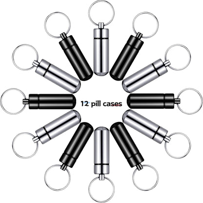 Patelai 12 Pcs Portable Keychain Pill Holder Mini Pocket Pill Case for Men Women Aluminum Geocache Containers Waterproof Metal Medicine Bottle Organizer for Outdoor Camping Travel(Black and Silver)