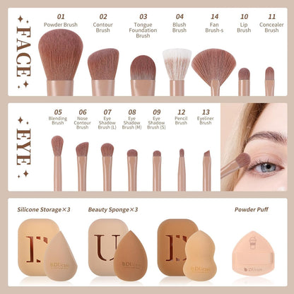 DUcare Makeup Brushes Set 14Pcs Coffee Series Makeup Brush set with Makeup Sponges Gifts Foundation Blending Face Powder Blush Eye Shadows Brushes