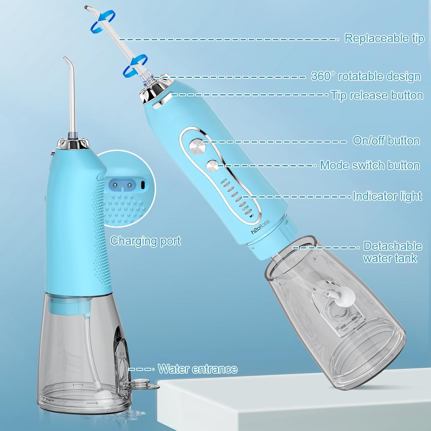 Water Dental Flosser Teeth Cleaner Pick, H2ofloss Cordless Portable Oral Irrigator,5 Mode IPX7 Waterproof Teeth Picks 300ML Rechargeable WaterFlosser for Teeth Cleaning Sky Blue