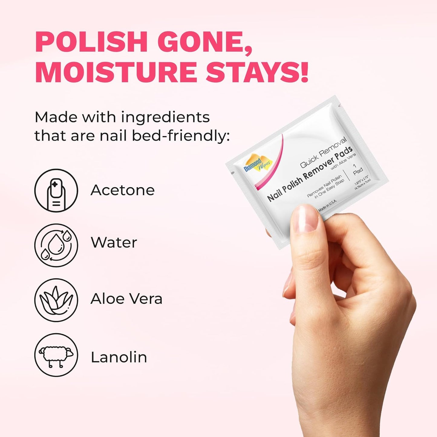 Diamond Wipes Nail Polish Remover Wipes with Aloe Vera, Acetone Nail Polish Remover Pads, 50 Individually Wrapped Nail Polish Wipes
