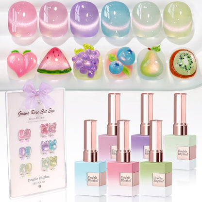 Double Rhythm Cat Eye Gel Nail Polish Set of 6 Same Color Same Bottle 0.5 Oz Shimmer Glitter with Magnet Holographic Reflective Magnetic UV Nail Polish Kit at Home (Rose Green Pink Purple-T6-46)