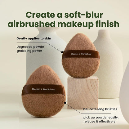 Momo's Workshop Long Fluffy Brown Egg-Shaped Powder Puff,Large Coverage, Even Powder Application, Soft Blurring Finish for Loose&Pressed Powder,Blush,Makeup Puff Applicator with Storage case,2pcs