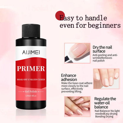 AIJIMEI 120ml Rapid-Dry Nail Primer, Nail Primer for Stronger Nails Enhances Adhesion & Shine Primer for Nail, Sensitive Skin Nail Care Compatible with All Polishes Nail Art 4fl.oz