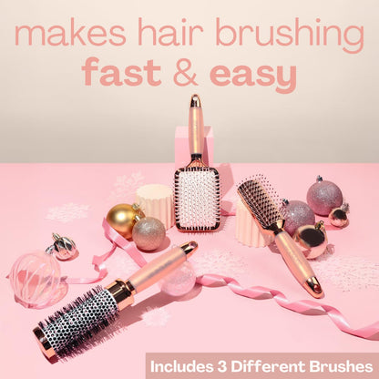 Rose Gold Hair Brush Set with Detangler and Swirl Print Heatless Curling Kit – Complete Hair Care Bundle for Smooth Styling and Effortless Heat-Free Curls