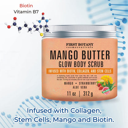 Mango Butter Body Scrub Exfoliator Biotin, Collagen, Stem Cells - Natural Exfoliating Salt Scrub & Body and Face Souffle helps with Moisturizing Skin, Acne, Cellulite, Dead Skin Scars, Wrinkles- 11 oz