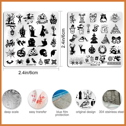 Biutee Nail Stamping Plates Set 15PCS Nail Art Stamper Scraper Nail Art Stamping Kit with Storage Bag Gift Box Nail Stamp Template Kit Lace Flower Butterfly Star Christmas Halloween Holiday Design