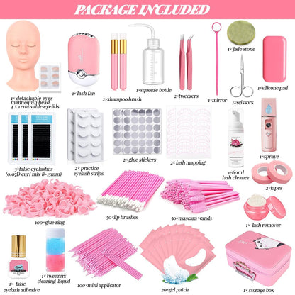 Lash Extension Kit Eyelash Practice for Beginners Professional Set with Mannequin Head Removable Eyelids USB Fan Spraye Individual False Lash Eyelash Strips Shampoo Brush Supplies Storage box