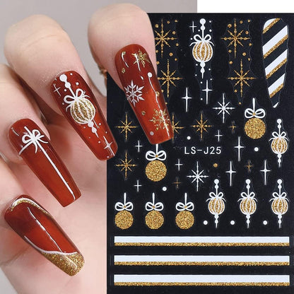 8 Sheets Christmas Glitter Nail Art Stickers Decals Self-Adhesive Pegatinas Uñas Holiday Gold Silver Reindeer Line Snowflake Nail Supplies Nail Art Design Decoration Accessories