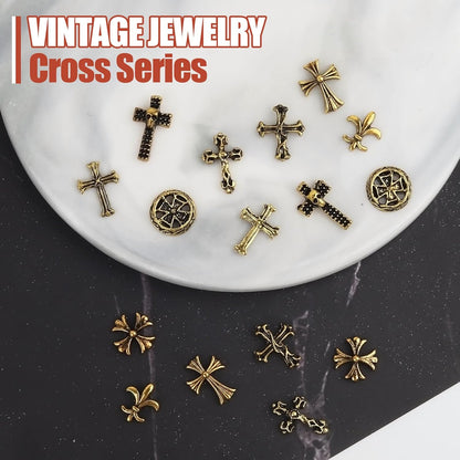 Artdone Nail Art Studs Kit, 3D Gold Cross Nail Charms and Star Gems Bulk Nail Jewels Shiny Crosses for DIY Professional Manicures Decoration