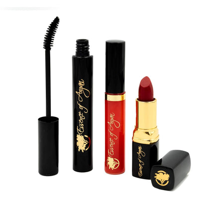 Essence of Argan Moisturizing Lipstick, Nourishing Lip Gloss & Lash Conditioner Mascara with 100% Pure Organic ECOCert Argan Oil - Voluptuous Sexy Lips & Longer Stronger Lashes Makeup Set
