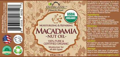 US Organic Macadamia Nut Oil Unrefined Virgin, Certified Organic, Pure & Natural, Cold Pressed, Sourced in Kenya, in Amber Glass Bottle w/Glass Eye dropper for Easy Application (4 oz (Large))