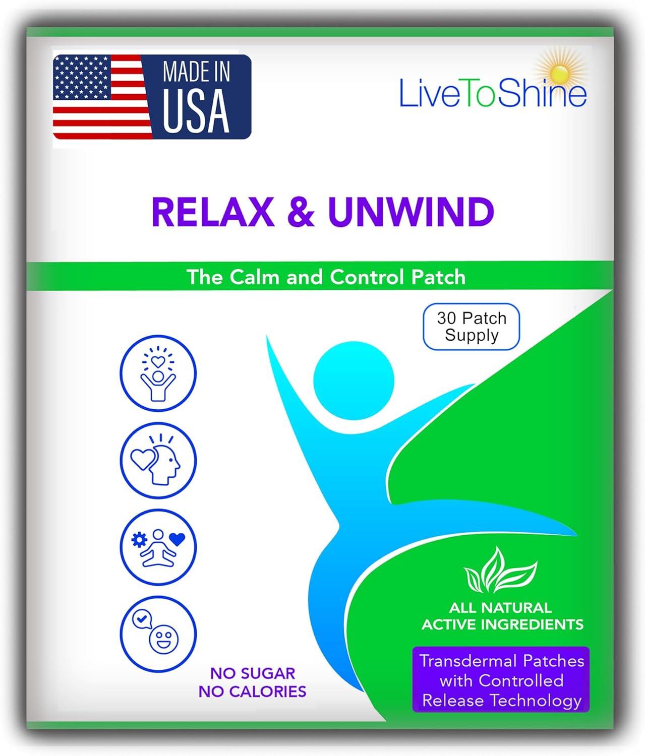 Live To Shine Relax & Unwind Patches | 30 Premium USA-Made Stress Relief Patches |Infused with Valerian, Humulus Lupulus & Calming Passionflower | Natural Way to Unwind, Decompress and ReGroup