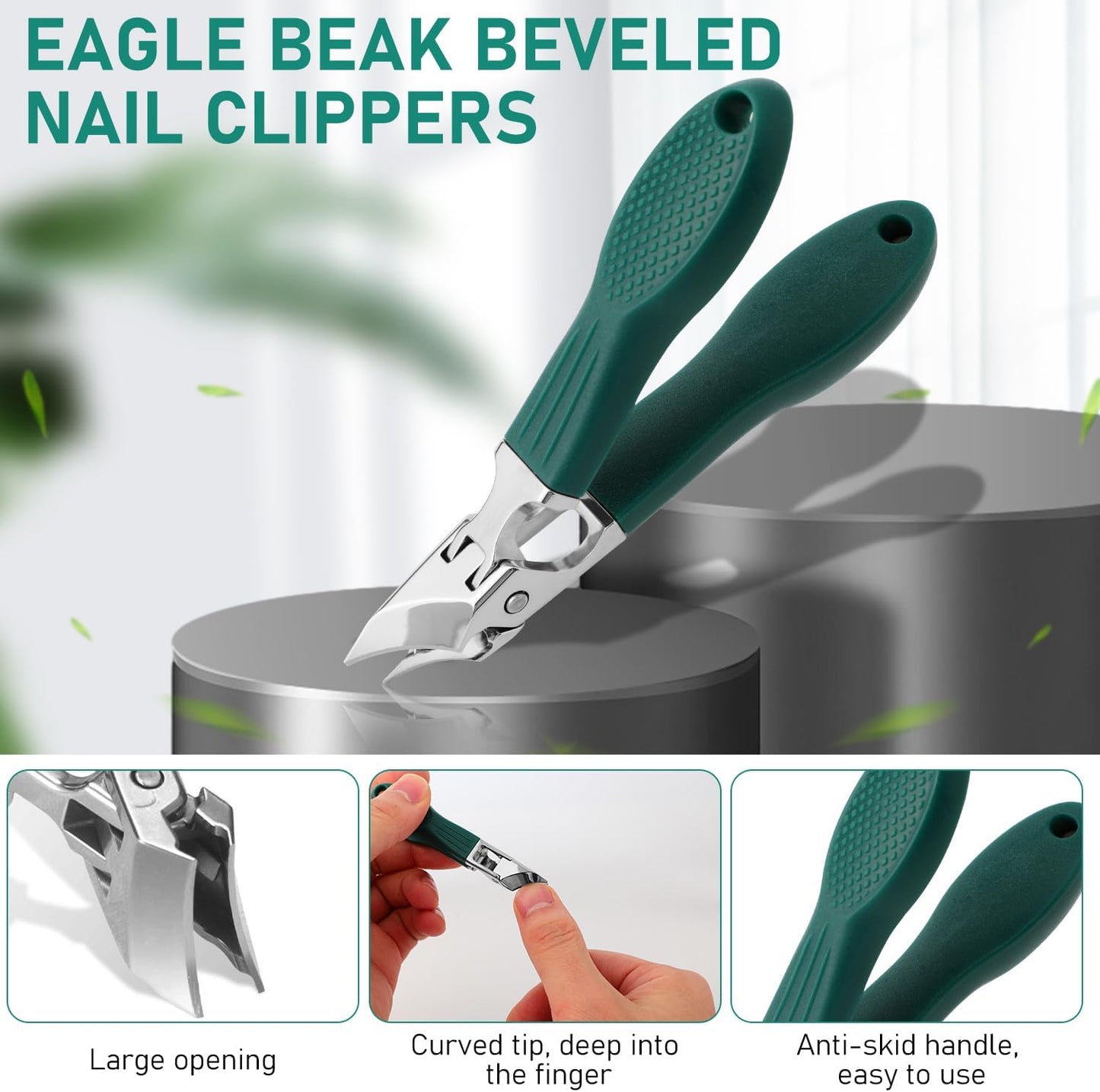 Eagle Beak Beveled Nail Clippers, Upgrade Stainless Steel Wide Jaw Opening Anti-Splash Nail Clipper Set of 3-Piece, Long Handle Angled Nail Clipper for Ingrown & Thick Nail for Men Women (Green)