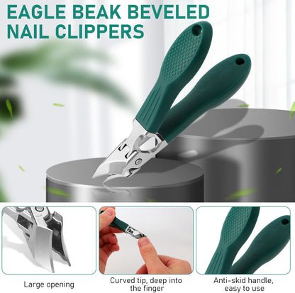 Eagle Beak Beveled Nail Clippers, Upgrade Stainless Steel Wide Jaw Opening Anti-Splash Nail Clipper Set of 3-Piece, Long Handle Angled Nail Clipper for Ingrown & Thick Nail for Men Women (Green)