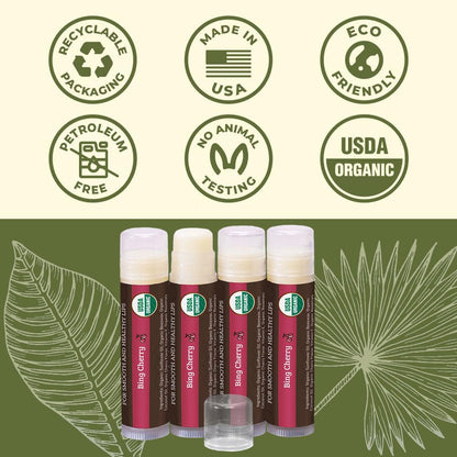 Earth's Daughter USDA Organic Lip Balm 4-Pack - Cherry Flavor - Beeswax, Coconut Oil, Vitamin E - Best Lip Repair Chapstick for Dry Cracked Lips.