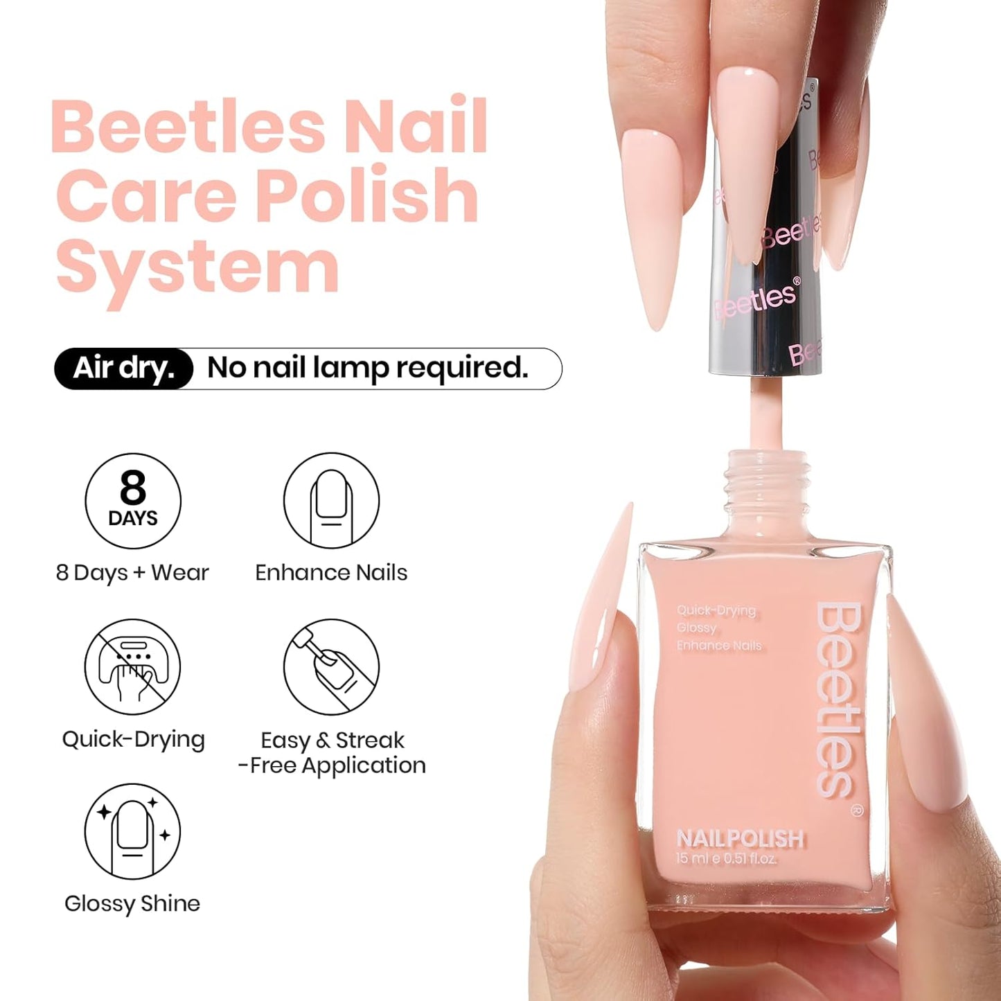 Beetles Nail Polish Bubble Bliss, 2 in 1 Nail Strengthener Polish Growth Nail Ridge Filler Base Coat Nail Repair for Damaged Thin Nails Natural Nails Bubbly Bliss Nude Pink 15ML