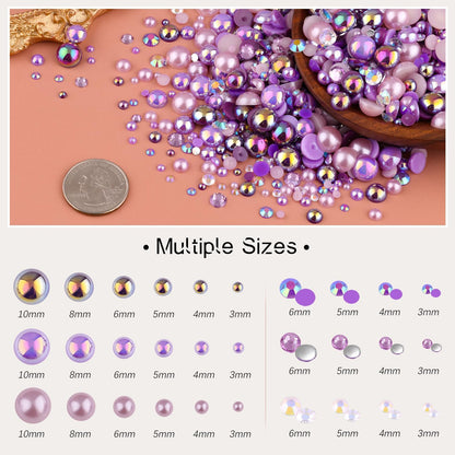 80g Flatback Pearls and Rhinestones for Crafting, Purple 3-10mm Resin Rhinestones and Half Pearls for Bedazzling, Nail Art and Dec with 3pcs 10ml B7000 Jewelry Glue, Tweezer and Pickup Pencil