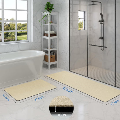 Quick Dry Super Absorbent Bathroom Mat Set 2 Piece - Diatomaceous Earth Bath Rug With Rubber Backing Non-Slip for Shower Floor, 47x17 + 24x17, Beige