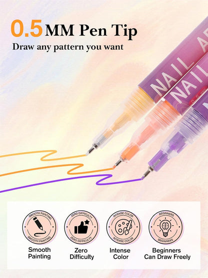 12 Colors 3D Nail Art Pens, Fine Tips 0.5 MM Nail Polish Pens Quick-Drying EBANKU Acrylic Nail Paint Point Dotting Liner Pen Tools for Home & Salon Manicure DIY