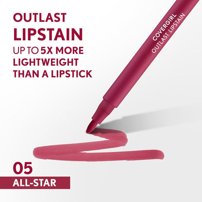 COVERGIRL Outlast, 05 All-Star, Lipstain, Smooth Application, Precise Pen-Like Tip, Transfer-Proof, Satin Stained Finish, Vegan Formula, 0.06oz