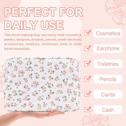 Waterproof Large Floral Makeup Pouch,Nylon Travel Toiletry Storage Purse Preppy Cosmetic Bag for Women Girl,Large Capacity Makeup Organizer Zipper Pouch for Work(L White-Flowers)