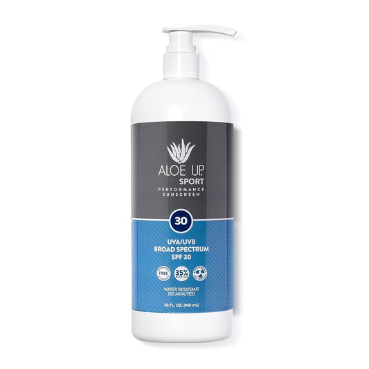 Aloe Up Sport Sunscreen Lotion SPF 30 - Broad Spectrum UVA/UVB Sunscreen Protector for Face and Body With Hydrating Aloe Vera Gel Non-Greasy No White Cast Reef Safe Fragrance-Free - 32 Oz.