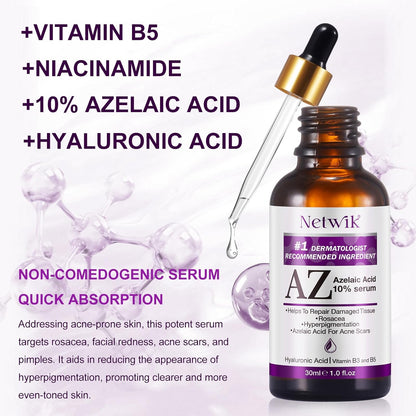 Azelaic Acid Serum - Azelaic Acid 10% for Acne Treatment - Fast Rosacea Skin Care - Redness Relief Face and Boost Skin Radiance with Niacinamide & Vitamin B3, B5 and Hyaluronic Acid, 1 Fl Oz