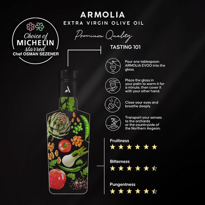 ARMOLIA Pure Olive Oil Extra Virgin Cold Pressed Glass Bottle, EVOO 2025 Gold Award Winner Drinking Polyphenol Rich Olive Oil Early Harvest, High Polyphenol (<400 mg/kg) Low-Acidity (0.14%), Hand Picked (500ml)