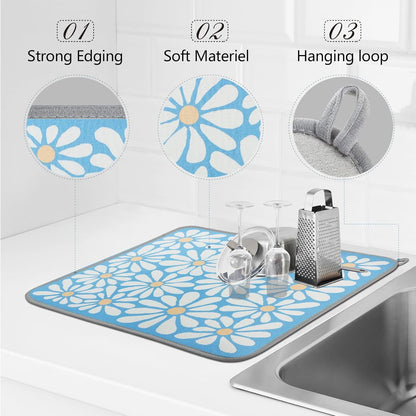 SHIYUE Dish Drying Mat for Kitchen Counter Super Absorbent Spring Kitchen Decor Microfiber Drying Matainers Rack Fast Pad Dish Drainer Mats(Sky Blue Flower,18''x24'')