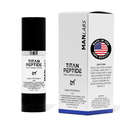 Titan Anti-Aging Peptides Serum for Face – High Potency Mens Peptide Serum Moisturizer – Mens Skin Care – Men, Dark Spots, Wrinkles, Fine Lines – Peptides, 5% Niacinamide, HA – Unscented
