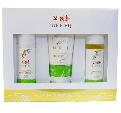 Pure Fiji Nourishing Trio, Ideal Spa Bath Gift Set for Women - Travel Kit - Includes Exotic Body Oil, Hydrating Body Lotion For Women and Nourishing Hand Cream, Noni Scent