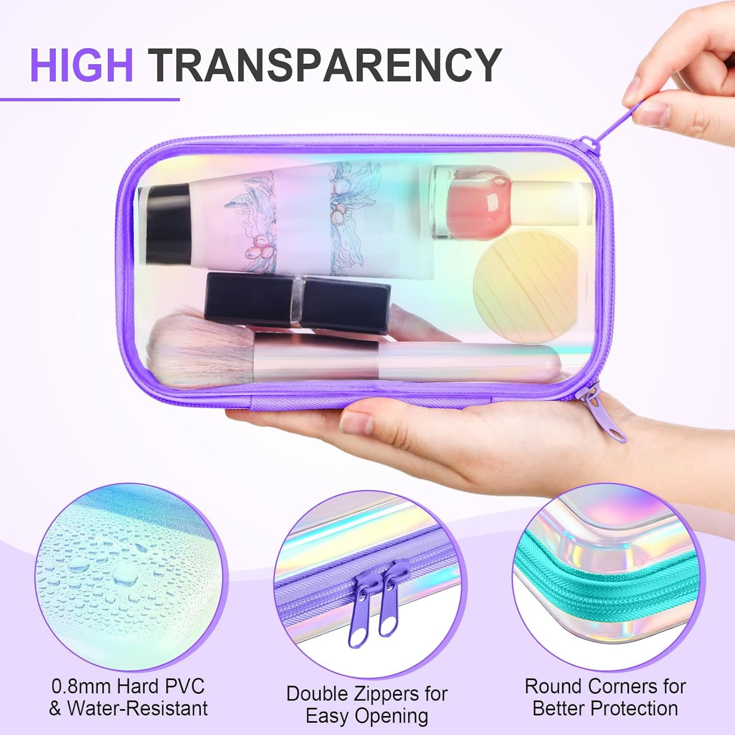 Sanwuta 6 Pcs Clear Hard Zipper Case Pencil Pouches Hard Plastic Zipper Pouches Makeup Bag Transparent Cases for Snacks Plastic Storage Organizer Box for Travel(Holographic,7.48 x 3.94 x 2 Inch)