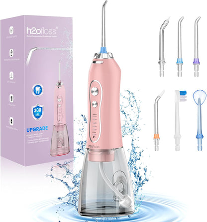 Water Dental Flosser Teeth Cleaner Pick, H2ofloss Cordless Portable Oral Irrigator,5 Mode IPX7 Waterproof Teeth Picks 300ML Rechargeable WaterFlosser for Home Travel (Pink)